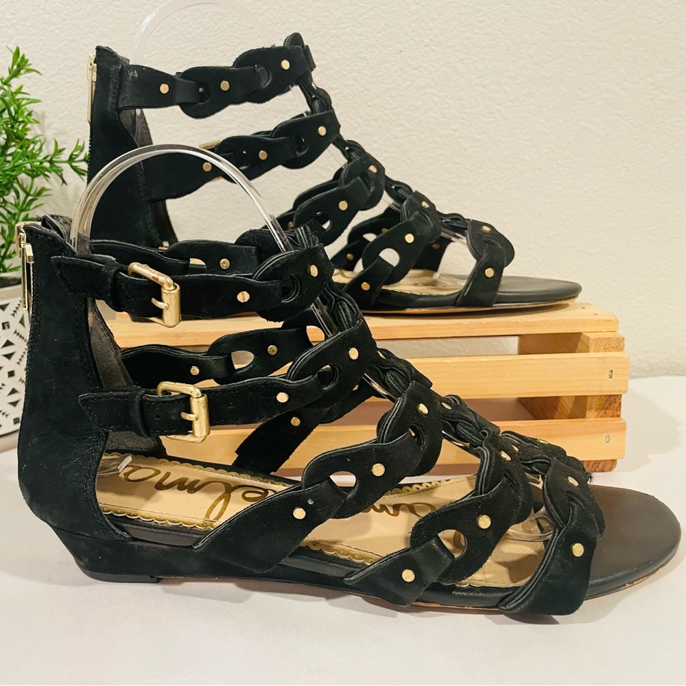 💥3/$50 Sam Edelman Black Leather Strappy Gladiator Sandals | Gold Studs |Zipper